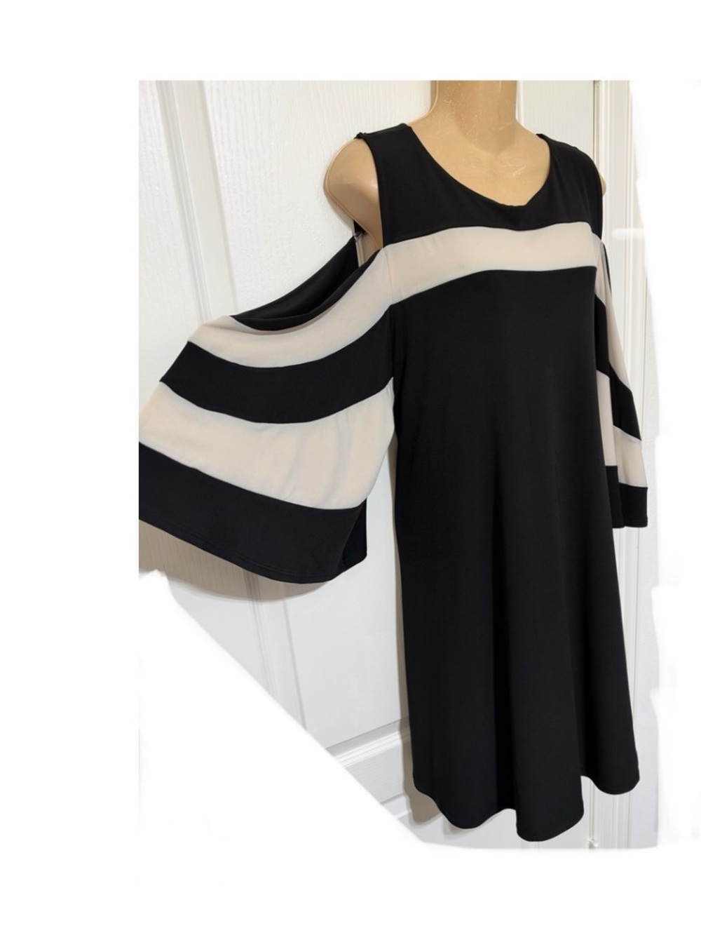 Nina Leonard Black and Ivory Cold-Shoulder Midi Dress